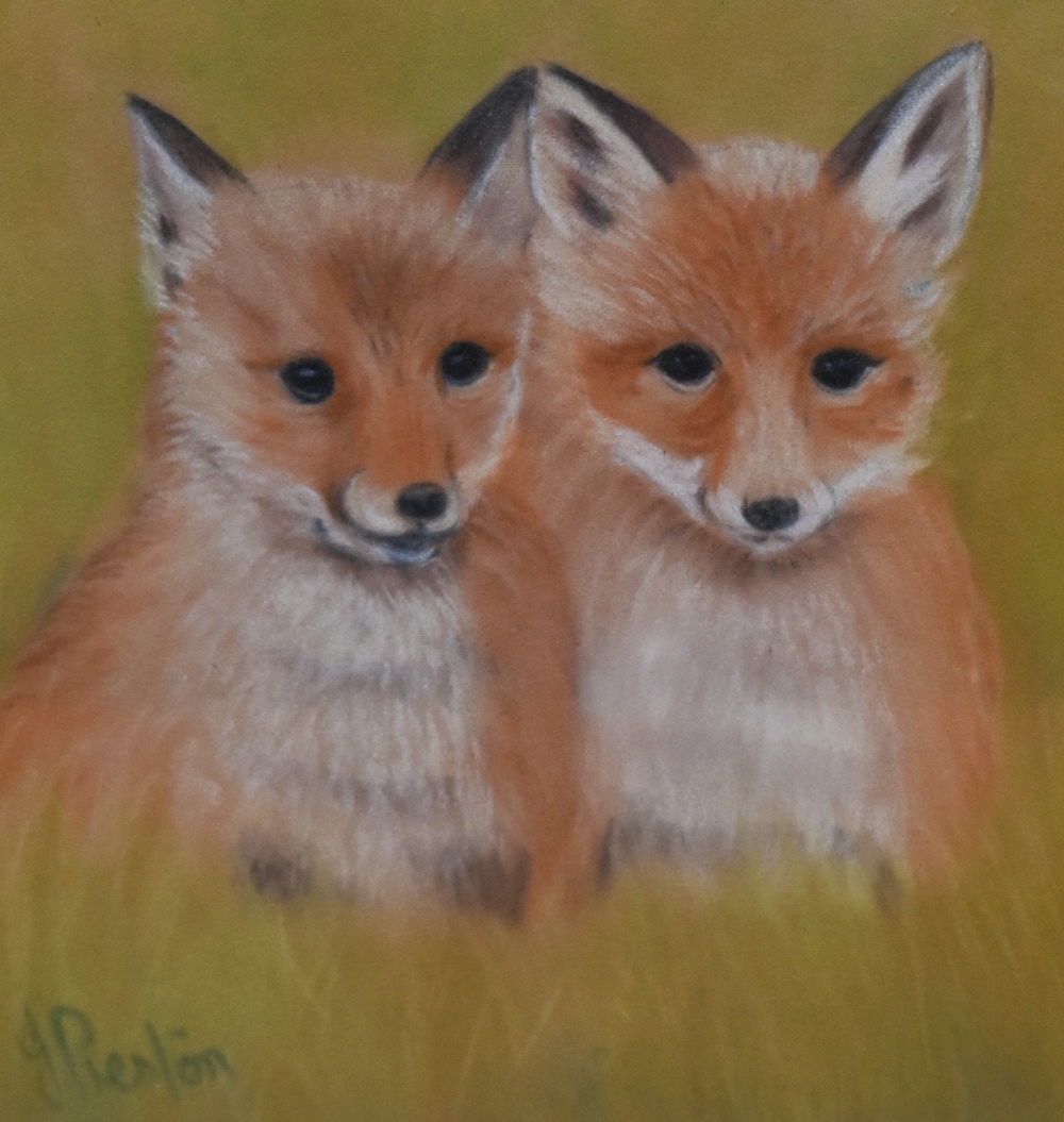 Jean Preston (20th Century, British), pastel, 'Waiting for Mother', two fox cubs, signed to the