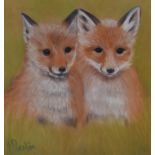 Jean Preston (20th Century, British), pastel, 'Waiting for Mother', two fox cubs, signed to the