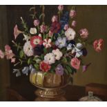 20th Century School, oil on canvas, A still life arrangement depicting a vase of flowers against a