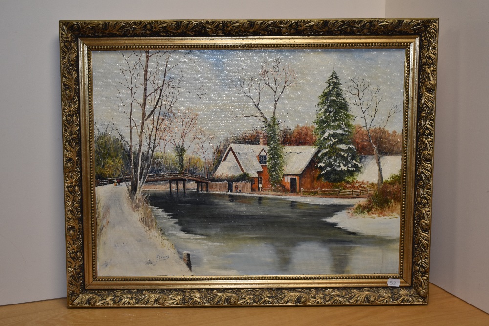 M.Williams (20th Century), oil on board, A winter landscape with cottage beside a river, signed to - Image 2 of 4