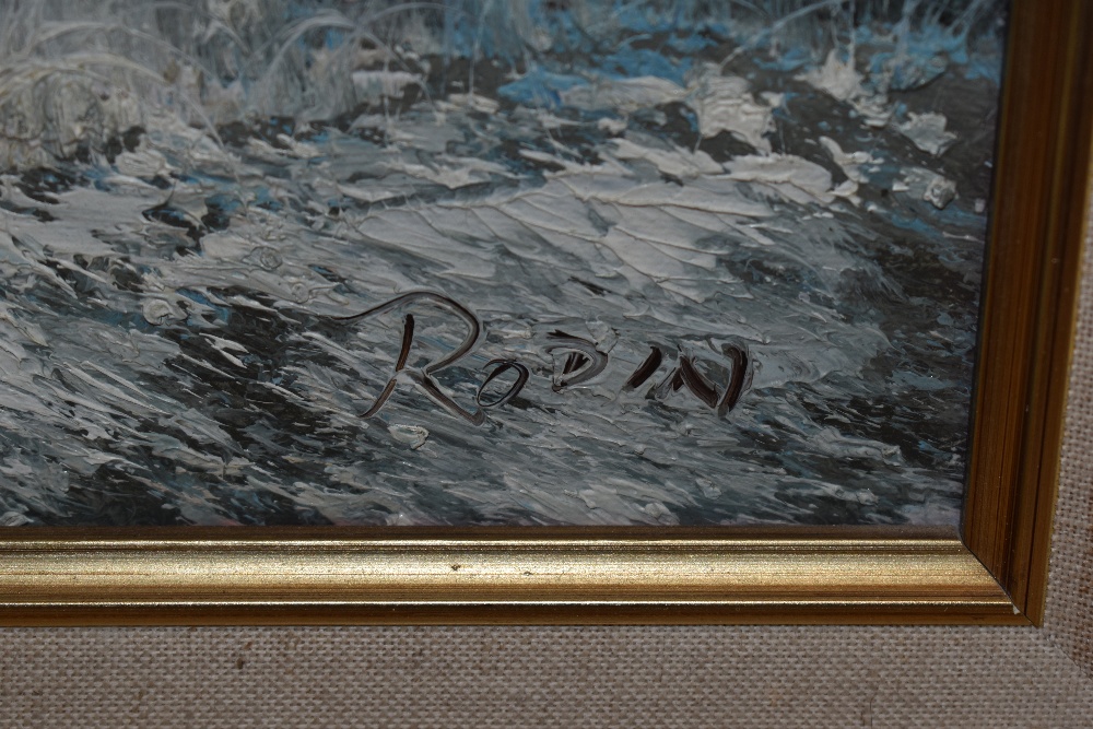 20th Century School, acrylic on canvas, An idyllic winter seascape, signed Rodin to the lower right, - Bild 4 aus 5