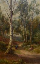 William Lakin Turner (1867-1936, British), oil on canvas, A woodland path with silver birch trees,