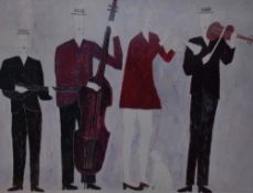 After Annora Spence (b.1963, British), coloured print, Four Musicians, framed, mounted, and under