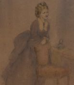 19th/20th Century School, watercolour, A pensive lady resting on a chair, signed indistinctly to the