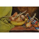 Ron Caygill (20th Century), watercolour, A still life arrangement depicting a bowl of onions, signed