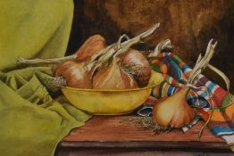 Ron Caygill (20th Century), watercolour, A still life arrangement depicting a bowl of onions, signed