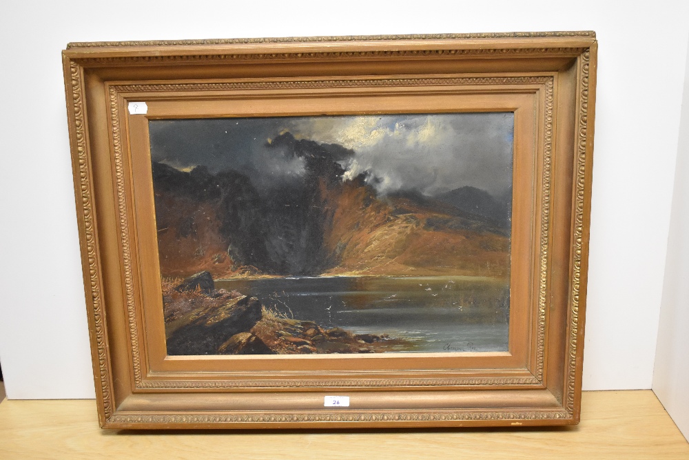 Clarence Rae (19th/20th Century, British), oil on canvas, A foreboding mountain landscape with - Image 2 of 4