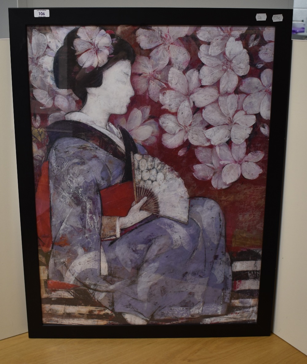 20th Century Japanese School, coloured print, A seated Geisha girl with fan, framed and under glass, - Image 2 of 4