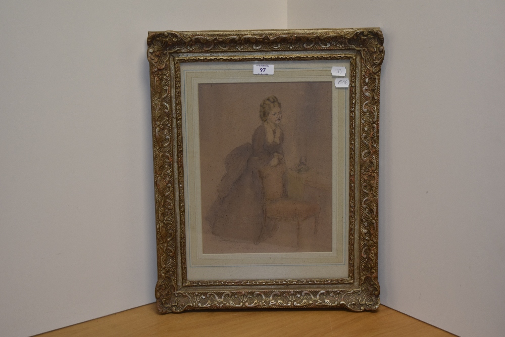 19th/20th Century School, watercolour, A pensive lady resting on a chair, signed indistinctly to the - Bild 2 aus 4