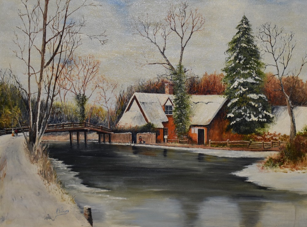 M.Williams (20th Century), oil on board, A winter landscape with cottage beside a river, signed to