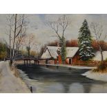 M.Williams (20th Century), oil on board, A winter landscape with cottage beside a river, signed to