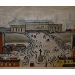After Laurence Stephen Lowry RBA RA (1887-1976, British), coloured print, 'Station Approach', signed