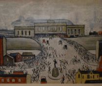 After Laurence Stephen Lowry RBA RA (1887-1976, British), coloured print, 'Station Approach', signed