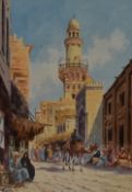In the manner of Edwin Lord Weeks (1849-1903, American), watercolour, A busy Cairo street scene