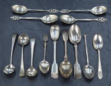 A selection of nine silver spoons including a pair of Victorian fiddle pattern teaspoons having '