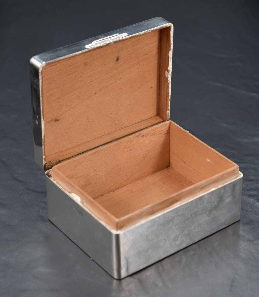 An early Queen Elizabeth II silver cigarette box, of hinged rectangular form with wooden lined - Image 2 of 4