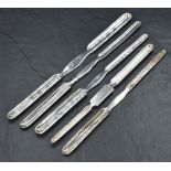 A group of five silver-plated marrow scoops, each of traditional design, including makers John Round