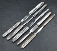 A group of five silver-plated marrow scoops, each of traditional design, including makers John Round