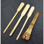 A group of four 18/19th century bone marrow scoops, three of traditional form, the other retaining