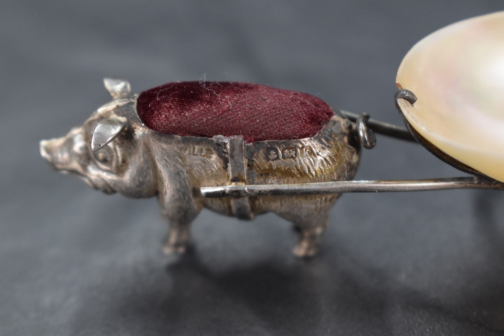 An Edwardian silver novelty pin cushion modelled as a pig pulling a cart fashioned from mother-of- - Image 5 of 5