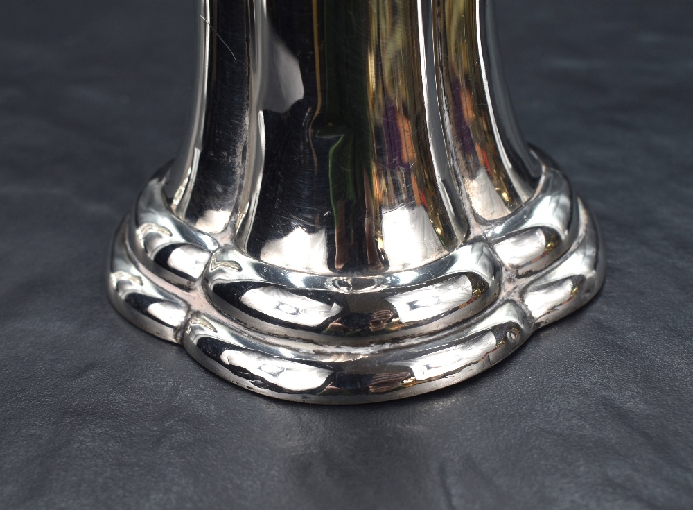 A pair of Edwardian silver vases, of lobed column form having embossed damask swag decoration, marks - Image 3 of 7