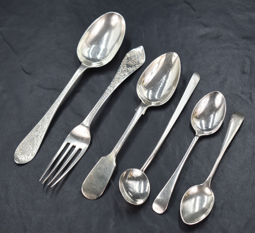 A Victorian silver christening set comprising fork and spoon, Old English variation pattern having