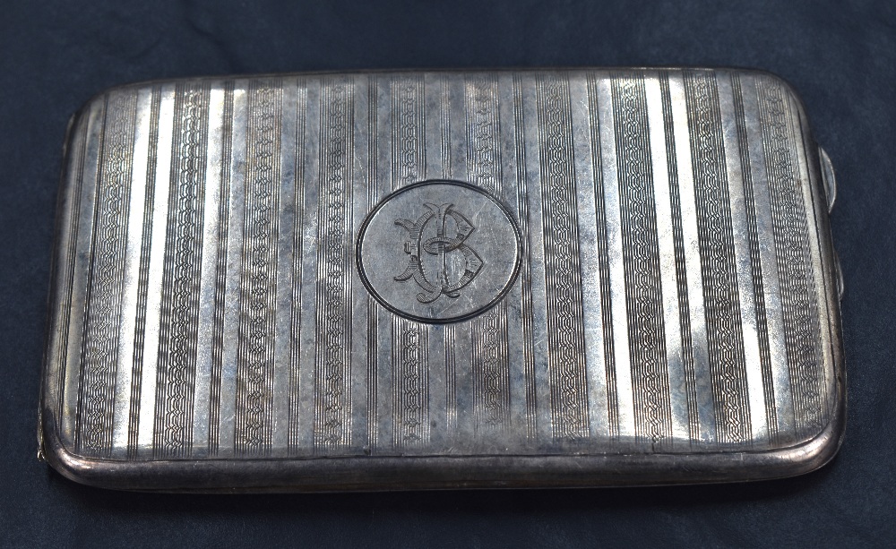 A George V silver cigarette case of rectangular form, having vertical stripes of engine turned - Image 3 of 7