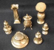 An assortment of silver items, comprising a weighted base inkwell having a set moulded design with