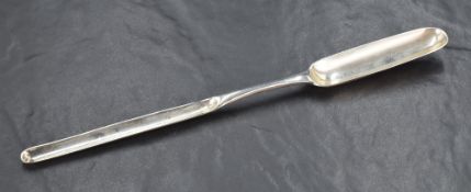 An 18th century Irish silver marrow scoop of traditional form with shallow drop to the broader end
