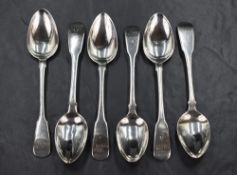 A matched set of six 19th century Scottish silver teaspoons, fiddle pattern with pip reverse and