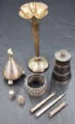 A Victorian table lighter having a bulbous form with ring moulded decoration raised on three orb