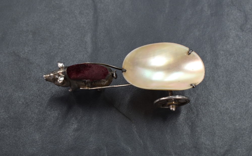 An Edwardian silver novelty pin cushion modelled as a pig pulling a cart fashioned from mother-of- - Image 3 of 5