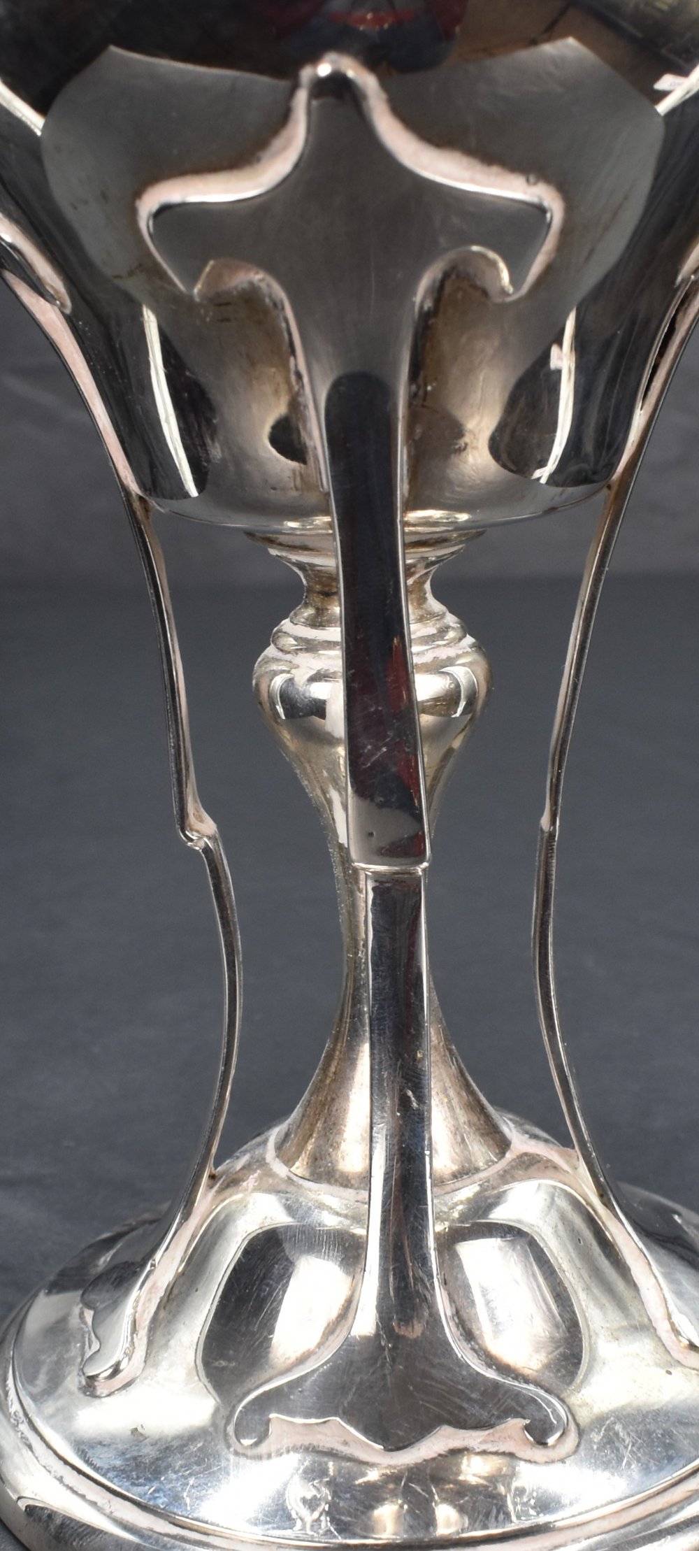 An Edwardian silver Art Nouveau chalice of flared bluster form on a knopped stem and moulded - Image 2 of 3