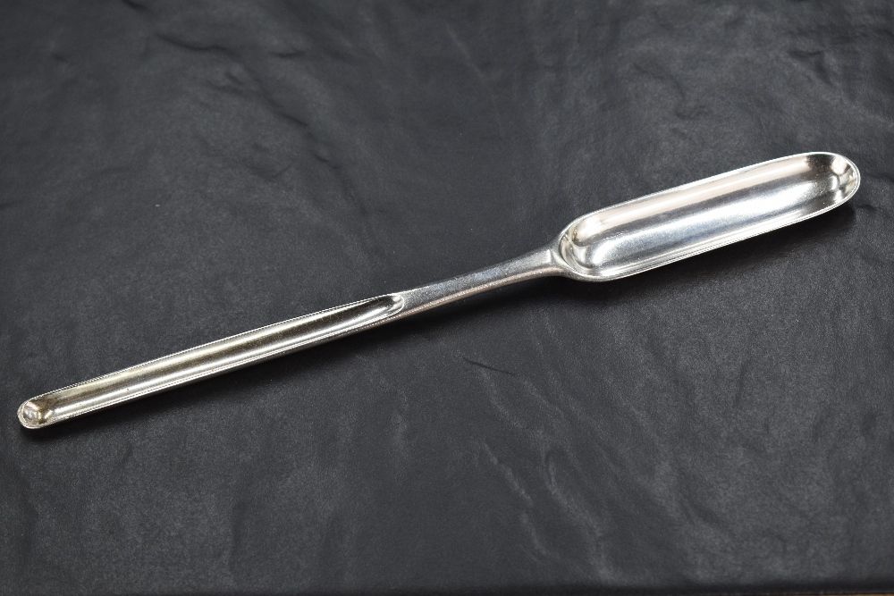 A George II silver marrow scoop, of plain traditional design with shallow drop to broader end,