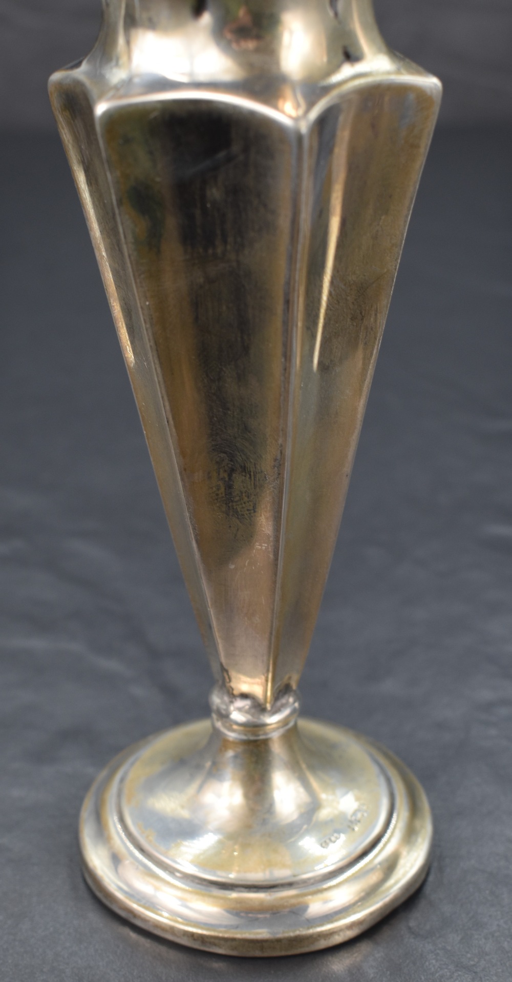 A late Victorian silver weighted vase, having a flared conforming rim and concave geometric - Image 3 of 5