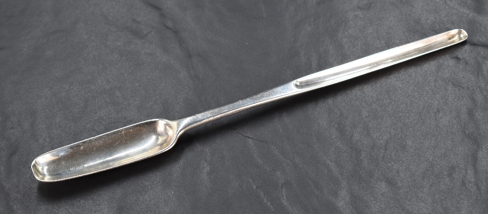 A George I silver marrow scoop, of plain traditional design with pronounced drop to the broader
