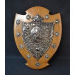 A large wooden trophy shield for the Bentham & District Billiard League, the large central shield