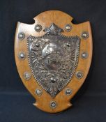 A large wooden trophy shield for the Bentham & District Billiard League, the large central shield
