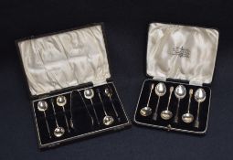 A set of six George V silver coffee bean spoons having black coffee beans to the terminals, mark for