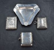 A George V silver ashtray of triangular design, engraved 'M. Yates Ganton 1936', marks for London