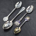 A group of four silver teaspoons, comprising two souvenir spoons of Edinburgh and The Tower of