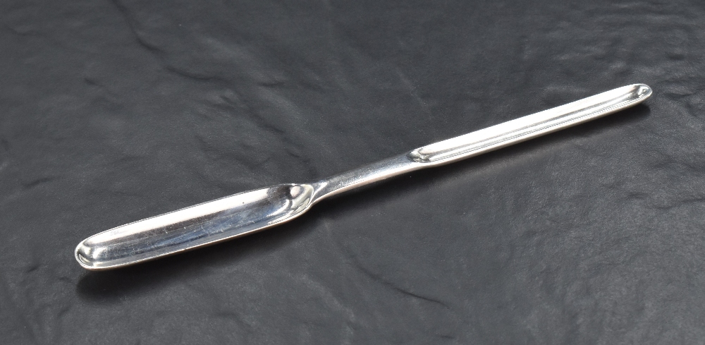 A good George II silver marrow scoop, nicely proportioned with shallow drops to each end, the