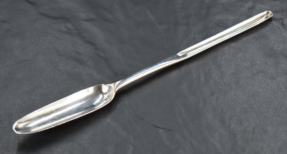 A George II silver marrow scoop of traditional design with shallow drops to each end, clear and