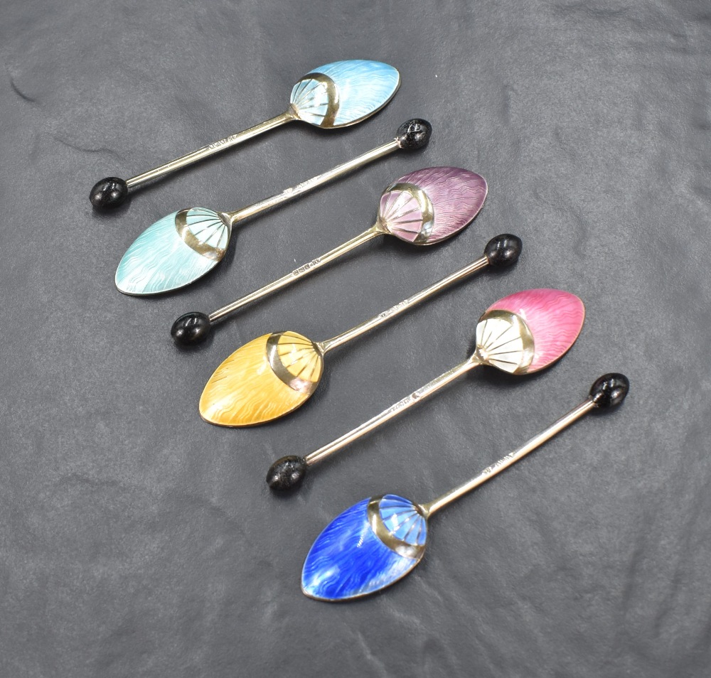 A cased set of George V coffee bean spoons having an Art Deco guilloch enamel design to the - Image 2 of 4