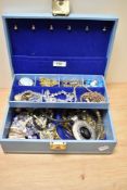A mid-20th Century blue tooled leather jewellery box with contents, including a Celtic style