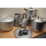 A collection of vintage aluminium pots, pans, pressure cooker etc.