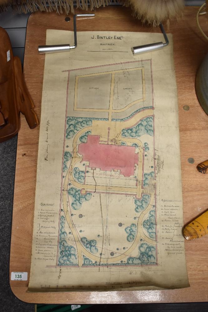 A Victorian hand coloured plan for a house and its gardens, dated 1876, measuring 32cm x 64cm