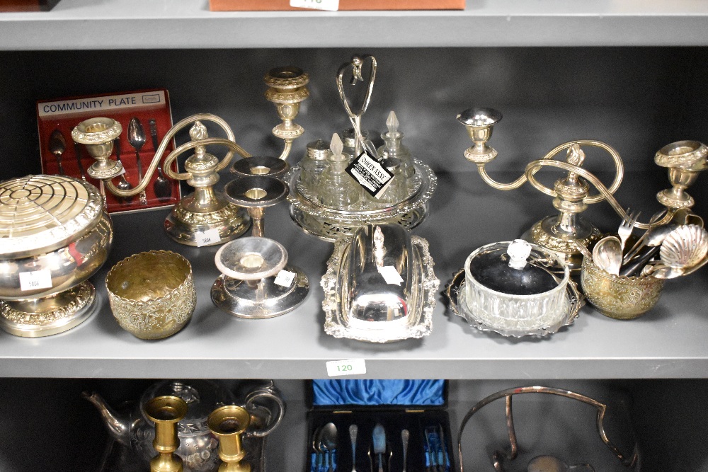 An assorted collection of silver plate and metalware, to include candelabras, cruet stands, candle - Image 5 of 5