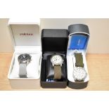 Three gents wrist watches, including Pulsar and two lorus watches, all in boxes.