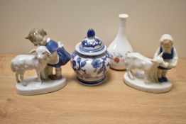 A pair of mid-20th Century German porcelain figural ornaments, a Wedgwood Meadow Sweet bud vase, and